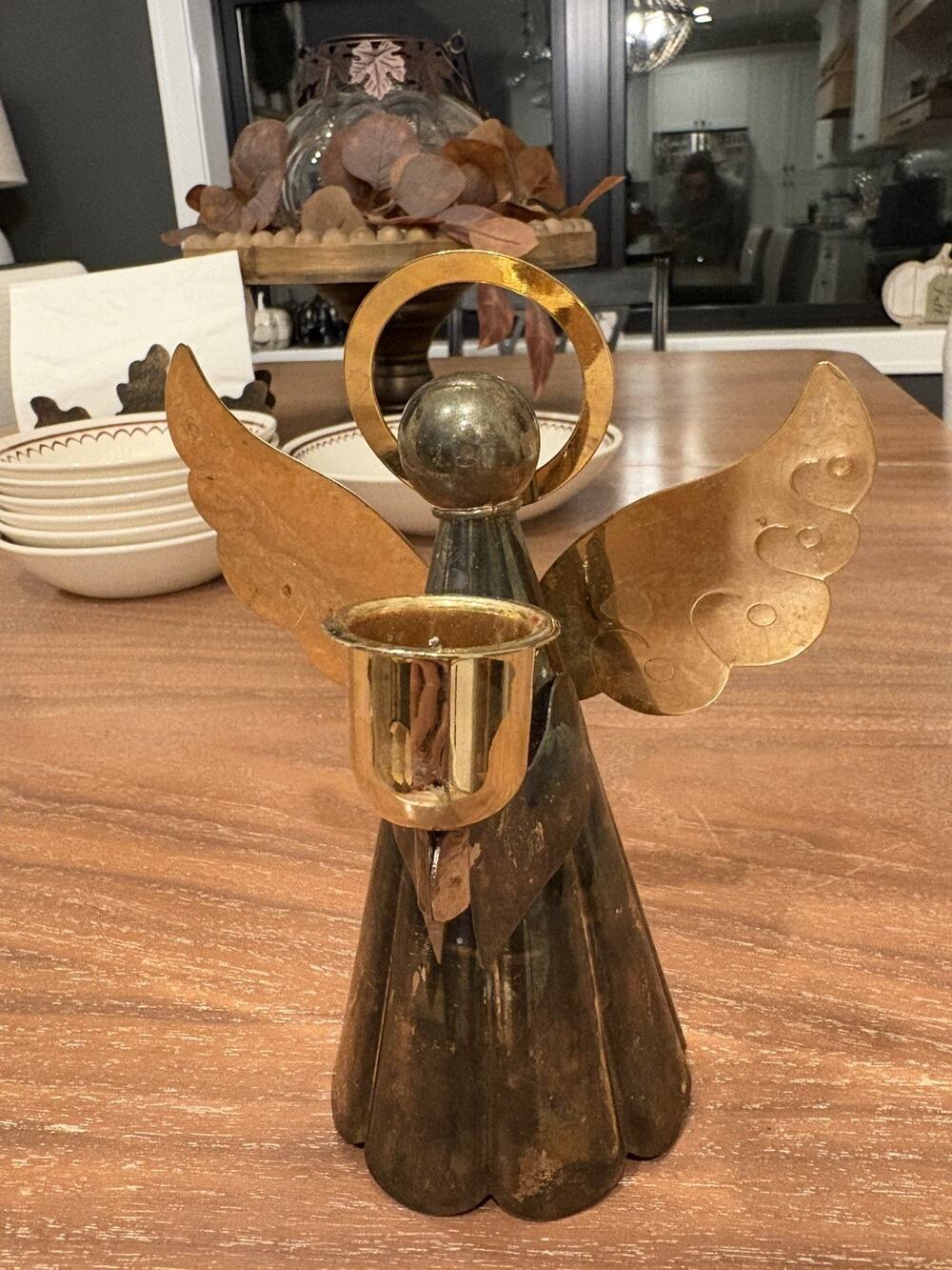 VTG MixedMetal Angel Candelabra Candle Holder Religious Antique Xmas Decor-6 3/4